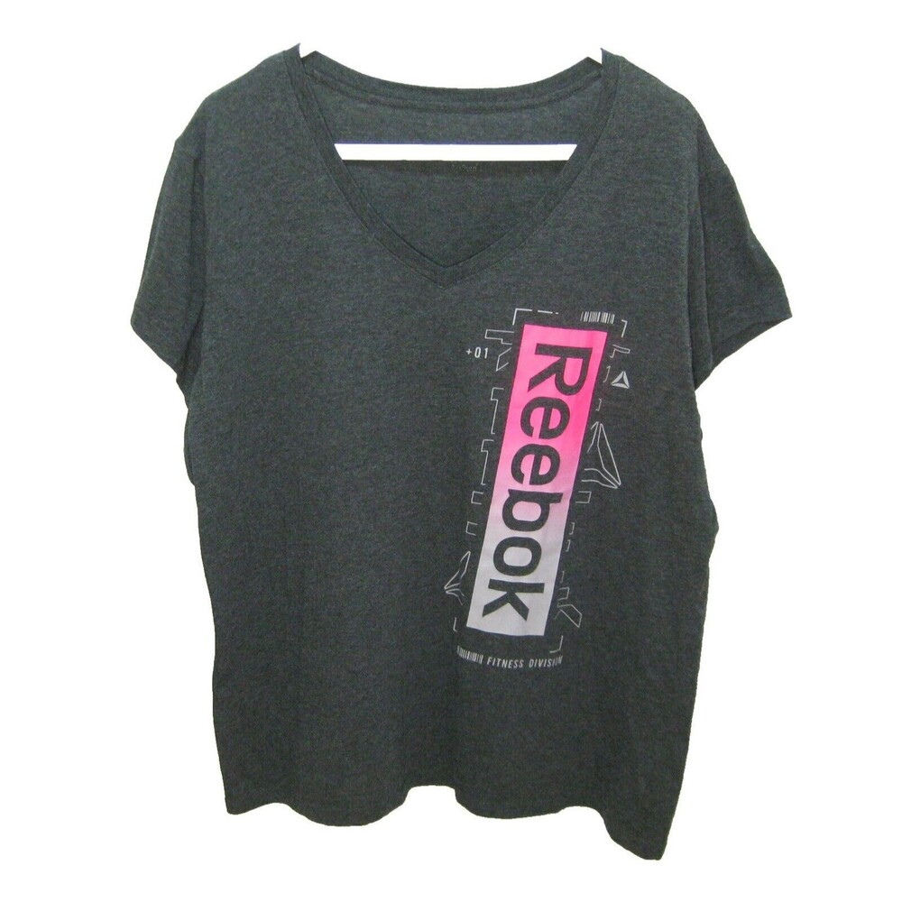 REEBOK Women's (Size 2X) Gray Short Sleeve Spellout Graphic Logo T-Shirt Top